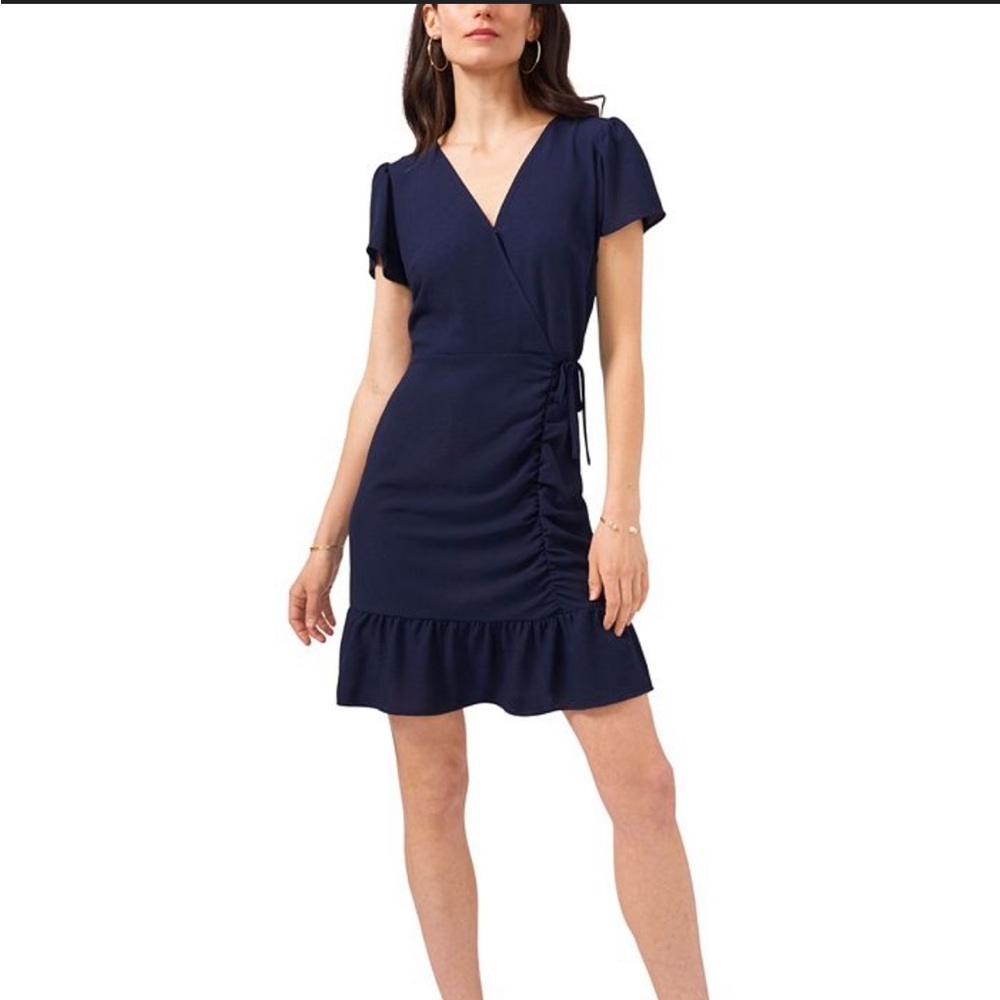 1.STATE Ruched Faux Wrap Dress Navy Blue Size Medium NEW - Picture 13 of 13